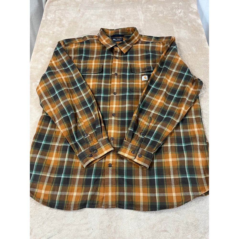 Carhartt Loose Fit Shirt Men's 2XL Orange Plaid Cotton Button-Up Flannel L/S EUC